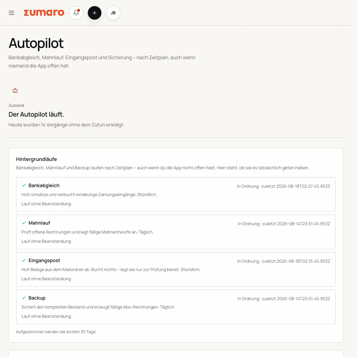 Autopilot in Sumaro: Zustand der vier Hintergrundläufe mit Zeitstempeln und die heute ohne Zutun erledigten Vorgänge