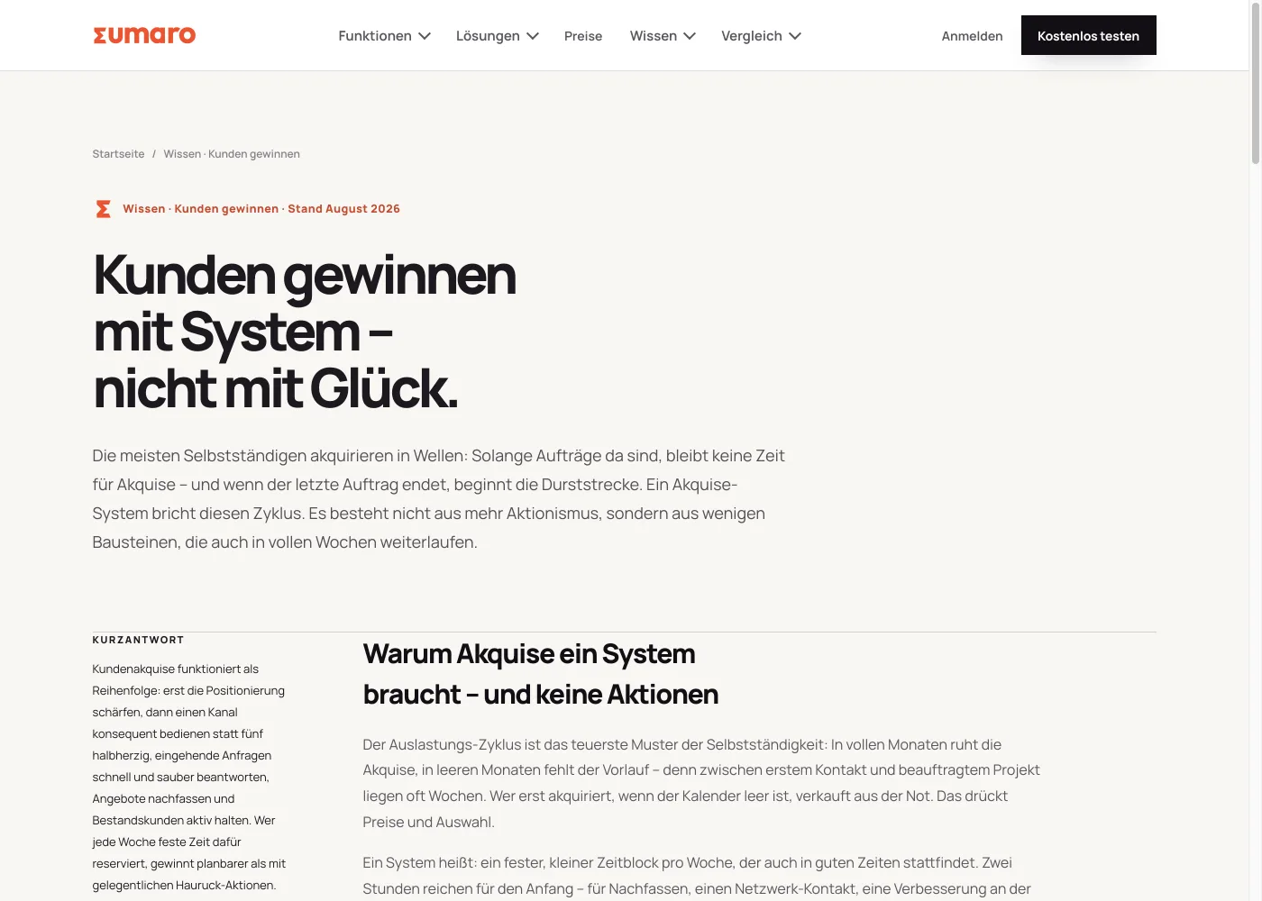 Der Kundenakquise-Leitfaden auf sumaro.co mit Kurzantwort-Kasten und Inhaltsverzeichnis