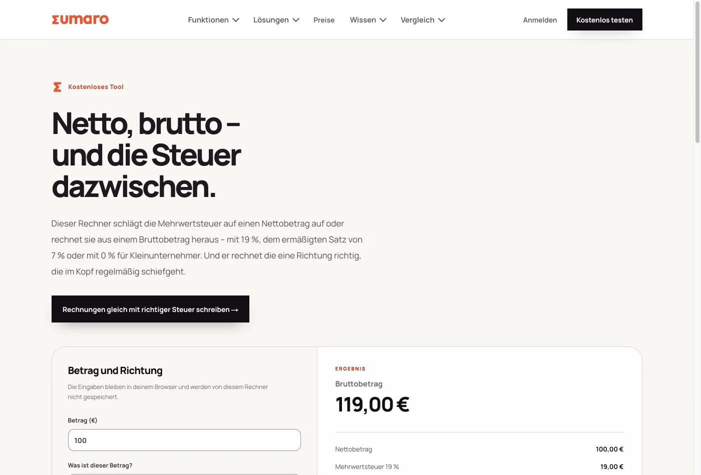Der MwSt-Rechner auf sumaro.co: links die Eingaben, rechts das Ergebnis mit Netto, Steuer und Brutto